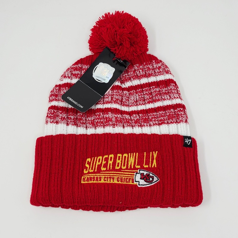 '47 Brand Kansas City Chiefs Pom Beanie Hat Team Cuffed Knit NFL Super Bowl LIX‎
